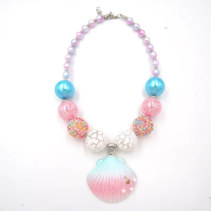 1Set/Lot NEW Child Girls Love Pink Shell Design Pendant with Chunky Bead Bubblegum Necklace Bracelet Jewelry Set for Kids Gift