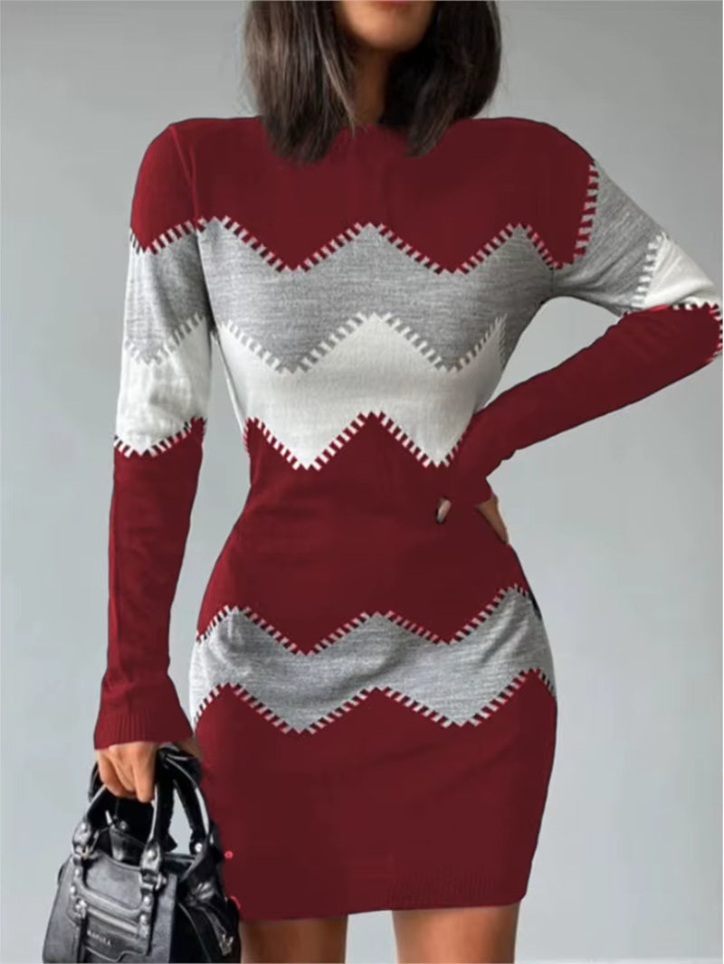 2024 Autumn Women Fashion Print Slim Knitted Dress Female Long-Sleeve O-Neck Elegant Bodycon Package Hips Mini Dresses 4XL