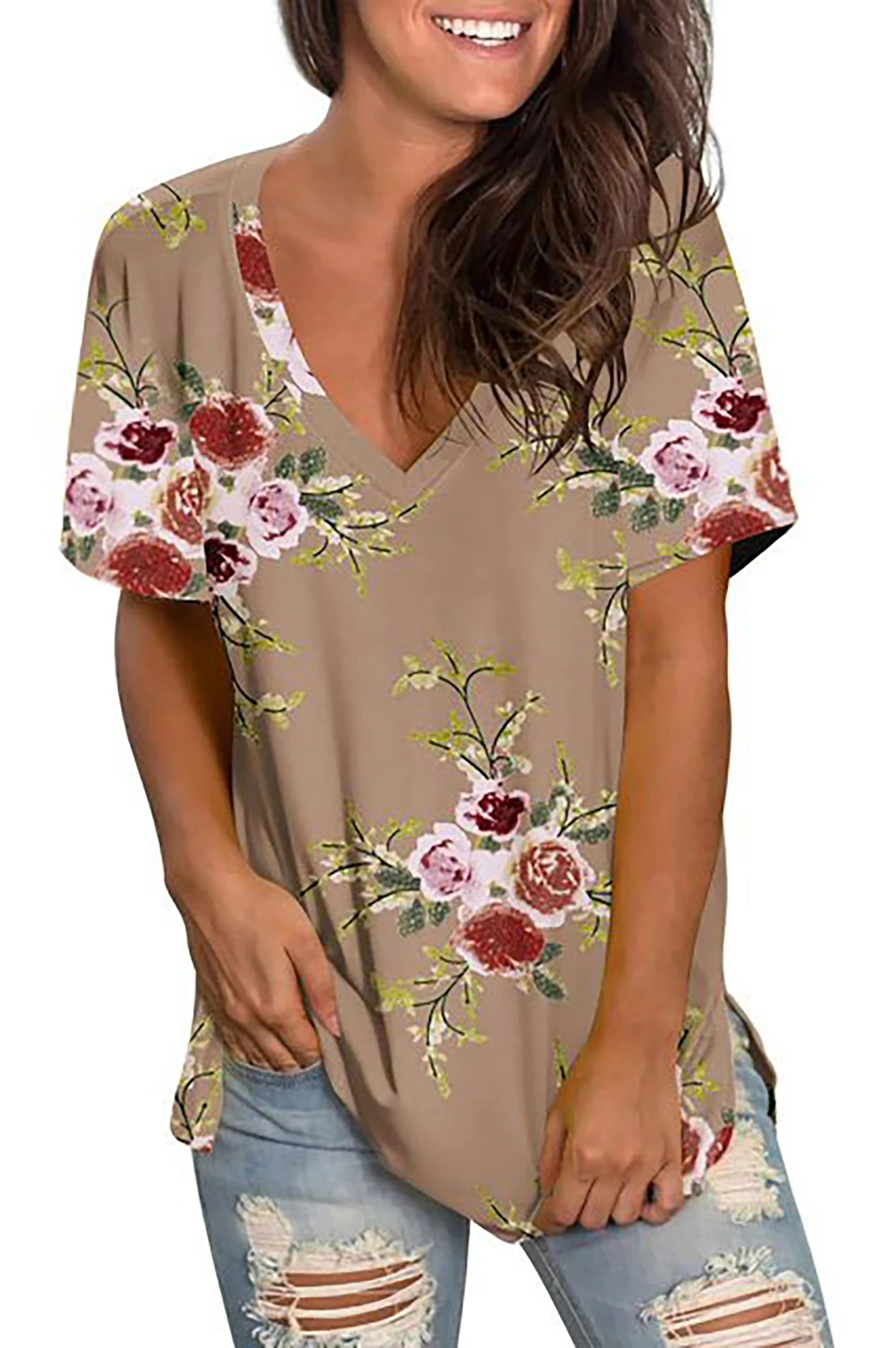 V Neck T Shirts for Women Floral Summer Tops Short Sleeve Shirts Casual Tunic Tops