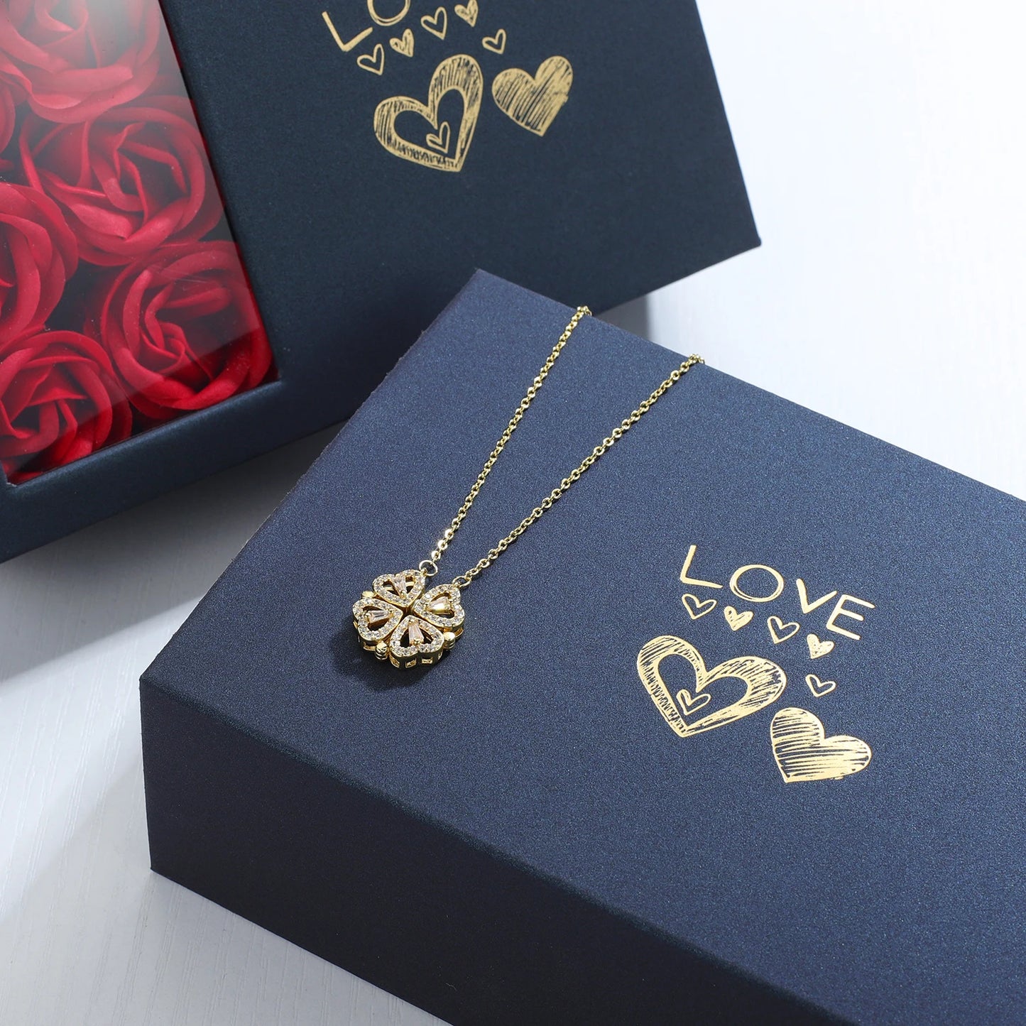 Rose Gift Box Four -Leaf Grass Necklace Heart Necklace Cute Four Leaf Clover Necklace Dainty Gold Necklaces Gifts for Girlfriend