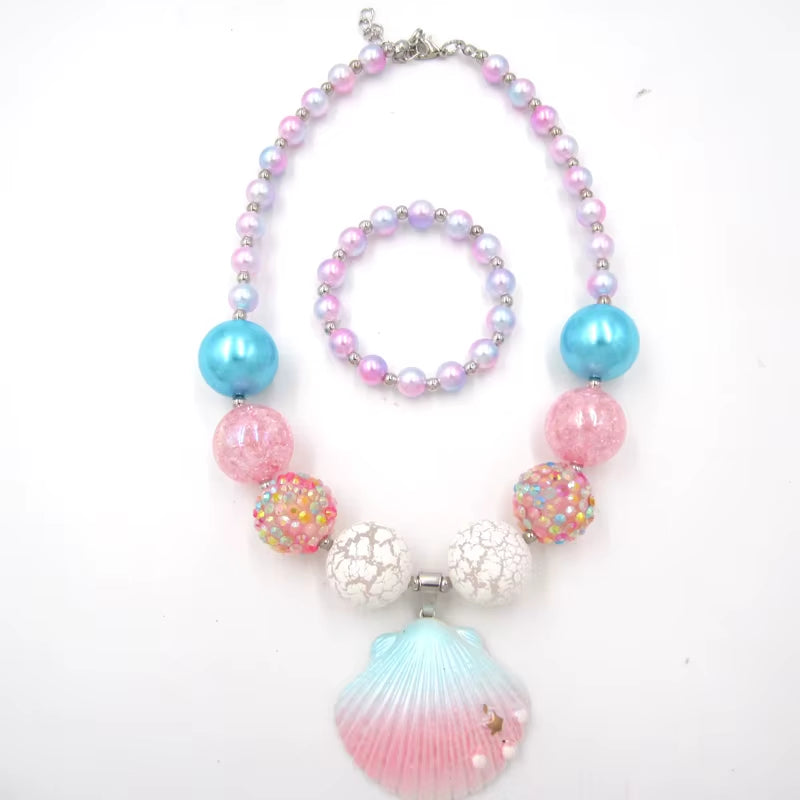 1Set/Lot NEW Child Girls Love Pink Shell Design Pendant with Chunky Bead Bubblegum Necklace Bracelet Jewelry Set for Kids Gift