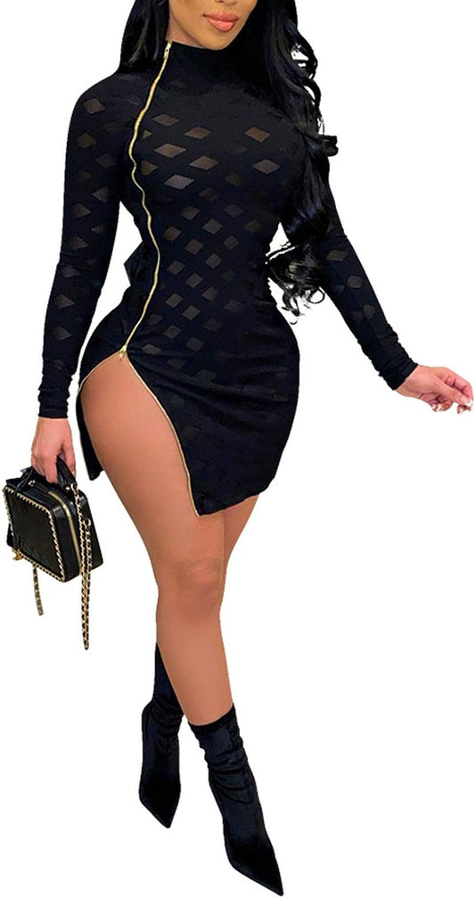 Women Sexy Sheer Mesh Boydcon Midi Dress See through Printed Long Sleeve Midi Skinny Clubwear Party Dress